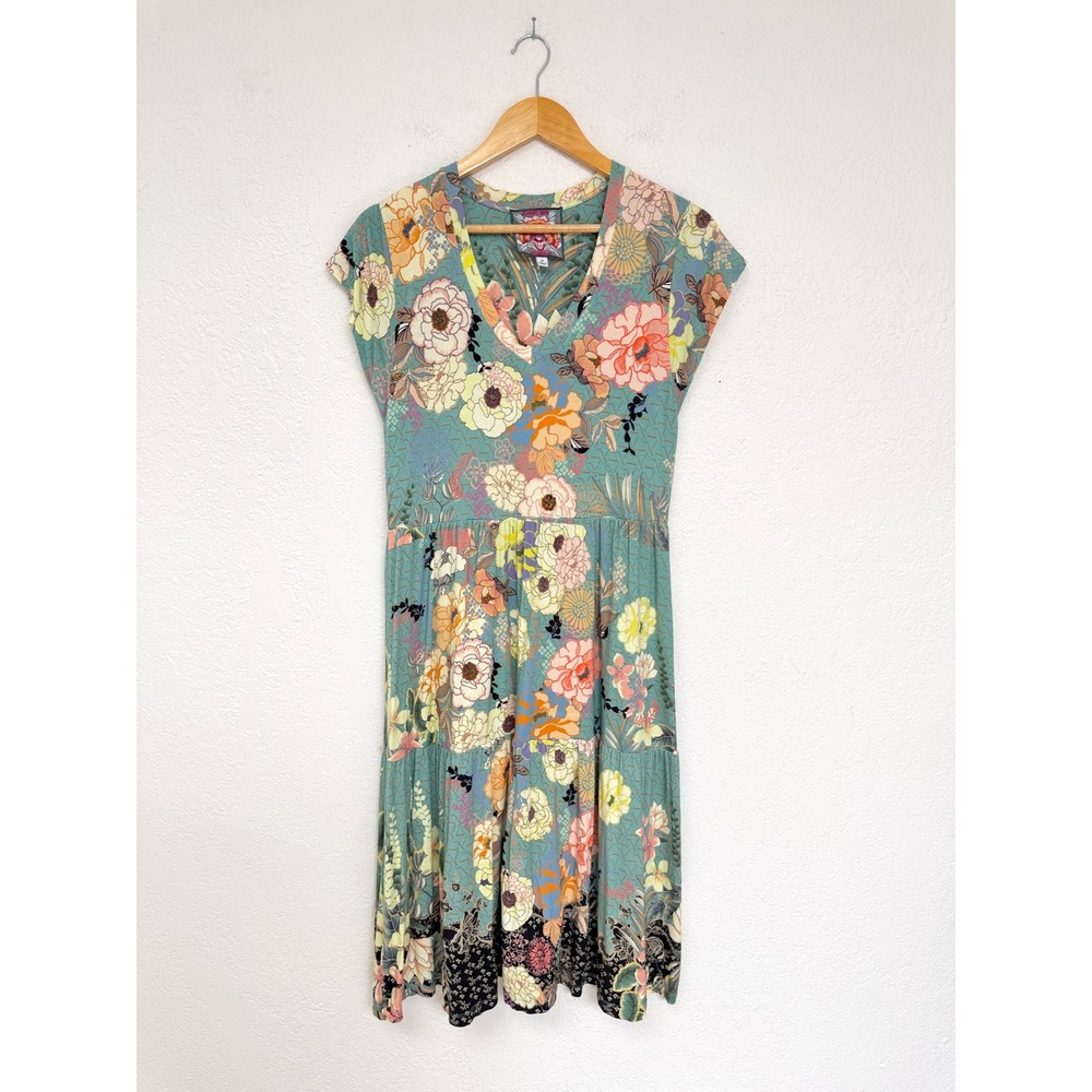 Johnny Was Millay Swing Dress Floral Bamboo Viscose Tiered Midi Dress XS